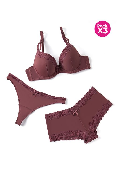 Conjunto trío incluye brasier más 2 panties