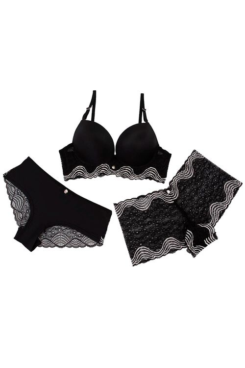 Conjunto brasier más dos panties en microfibra con encaje