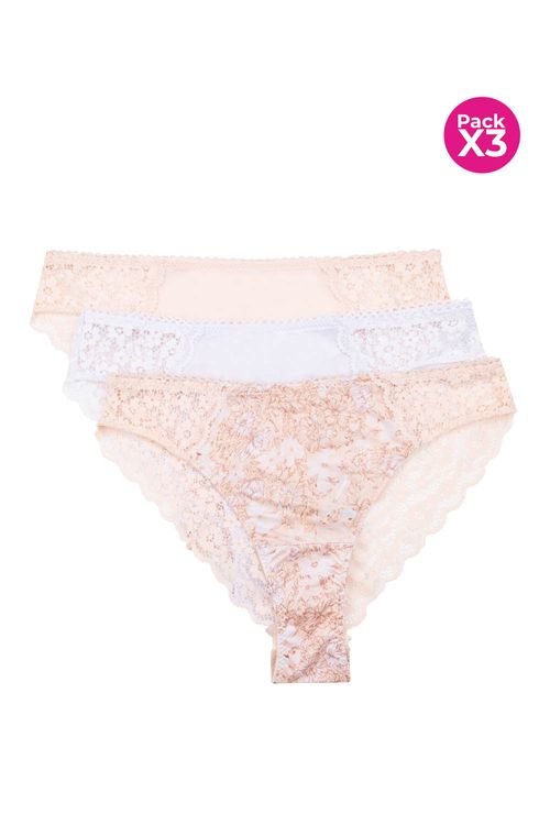Panty tipo hipster en encaje y microfibra paquete x3
