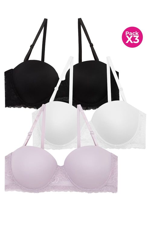 Brasier strapless paquete x3 en microfibra y encaje