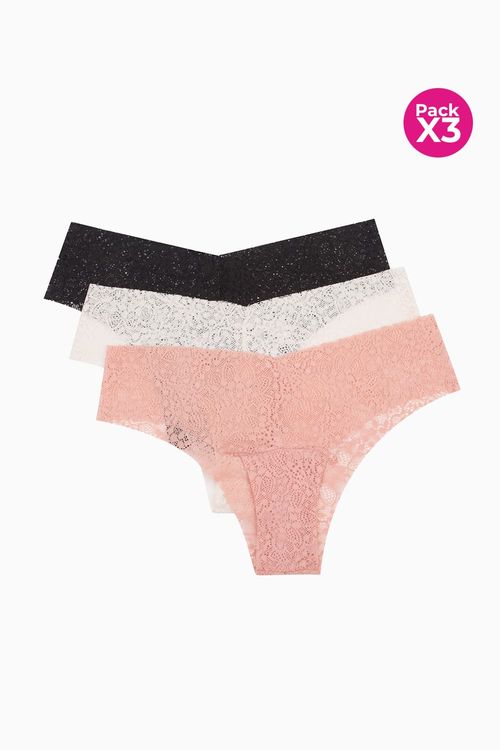 Panty paq x3 hipster encaje con corte lasér