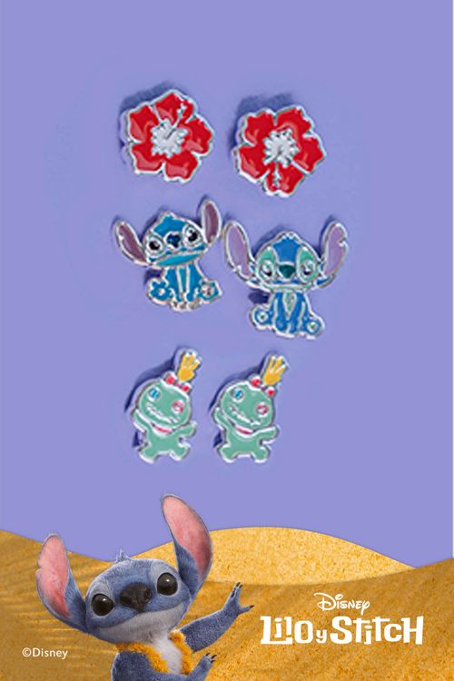 Set de aretes x3 baño en plata con diseño de stitch