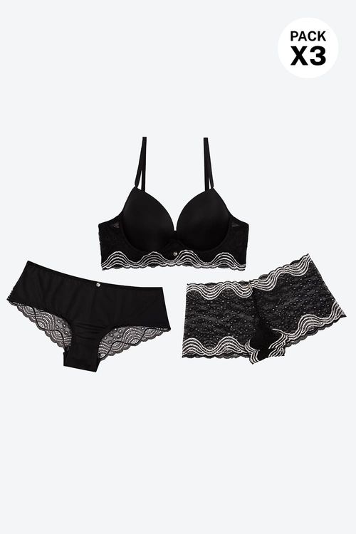 Conjunto brasier más dos panties en microfibra con encaje
