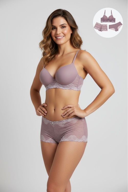 Conjunto brasier y dos panties en microfibra con encaje