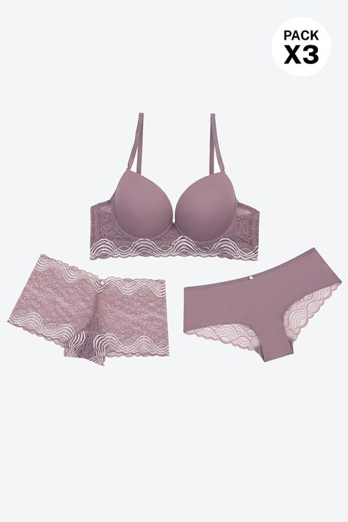 Conjunto brasier y dos panties en microfibra con encaje