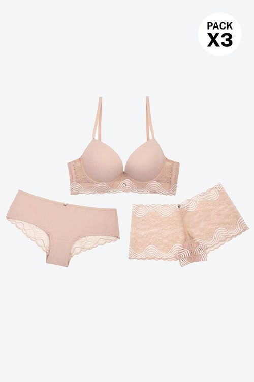 Conjunto brasier más dos panties en microfibra con encaje