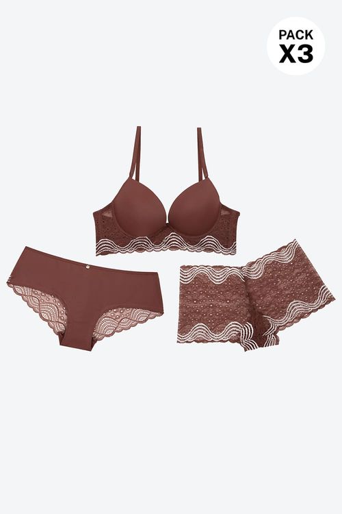 Conjunto brasier más dos panties en microfibra con encaje