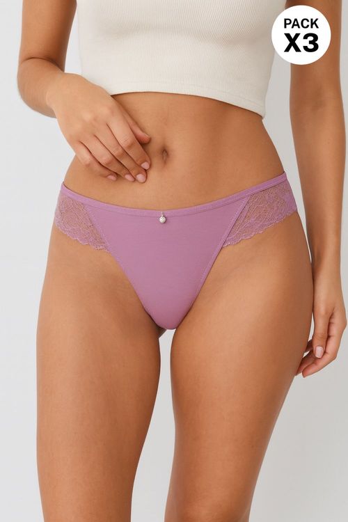 Brasilera con detalle en encaje paquete x3 en algodón