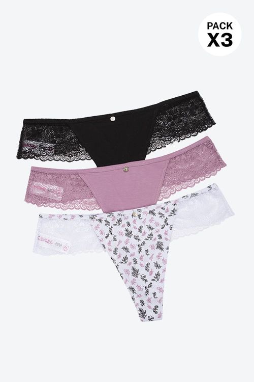 Brasilera con detalle en encaje paquete x3 en algodón