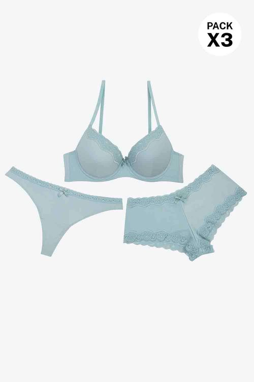 Conjunto trío en microfibra incluye brasier más 2 panties