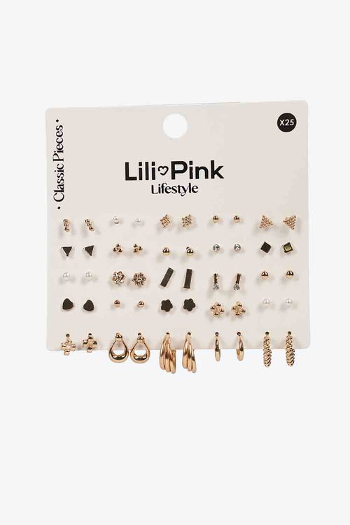 Set x25 pares de aretes en todos dorados y variedad de diseños