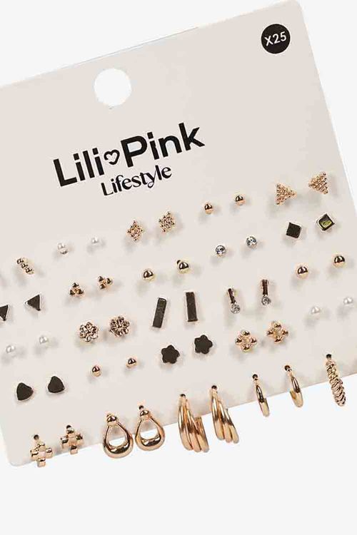 Set x25 pares de aretes en todos dorados y variedad de diseños
