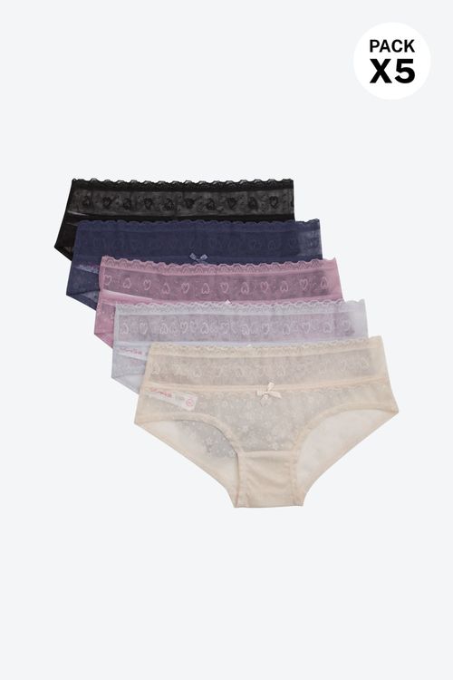Panty hipster paquete x5 confeccionado en encaje
