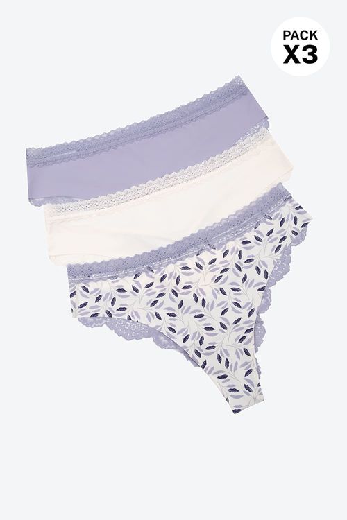 Brasilera en microfibra corte láser y encaje paquete x3