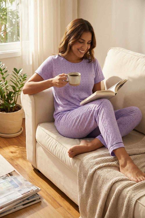 Conjunto pijama elaborada en poliester de cuello redondo