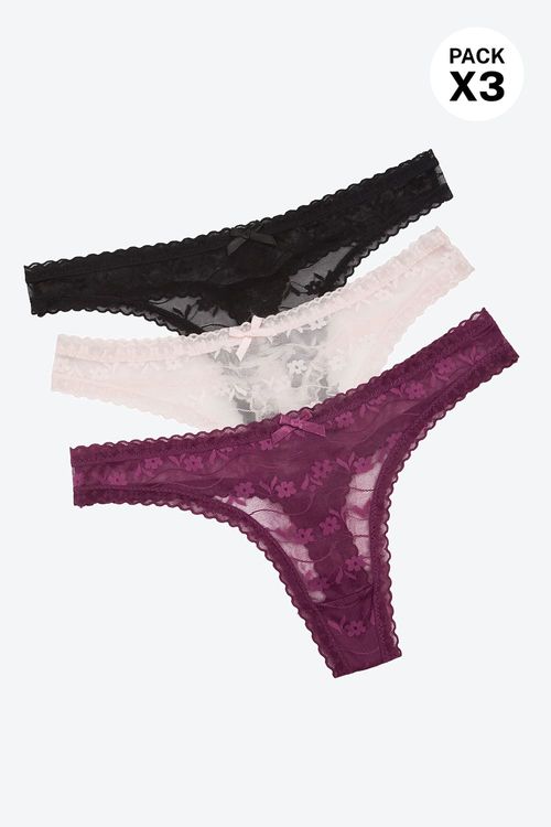 Panty tipo brasilera elaborada en encaje delicada paquete x3