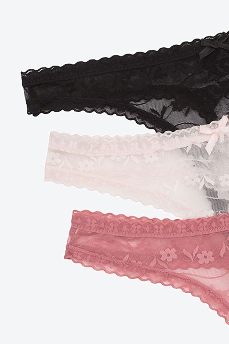 Panty-Tipo-Brasilera-Elaborada-En-Encaje-Delicada-Paquete-X3-Negro-Palo-De-Rosa-Rosado-Claro-Tl